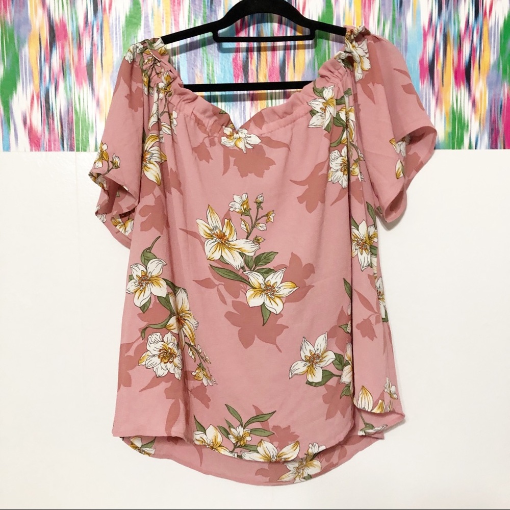 Zenobia pink floral open shoulder blouse